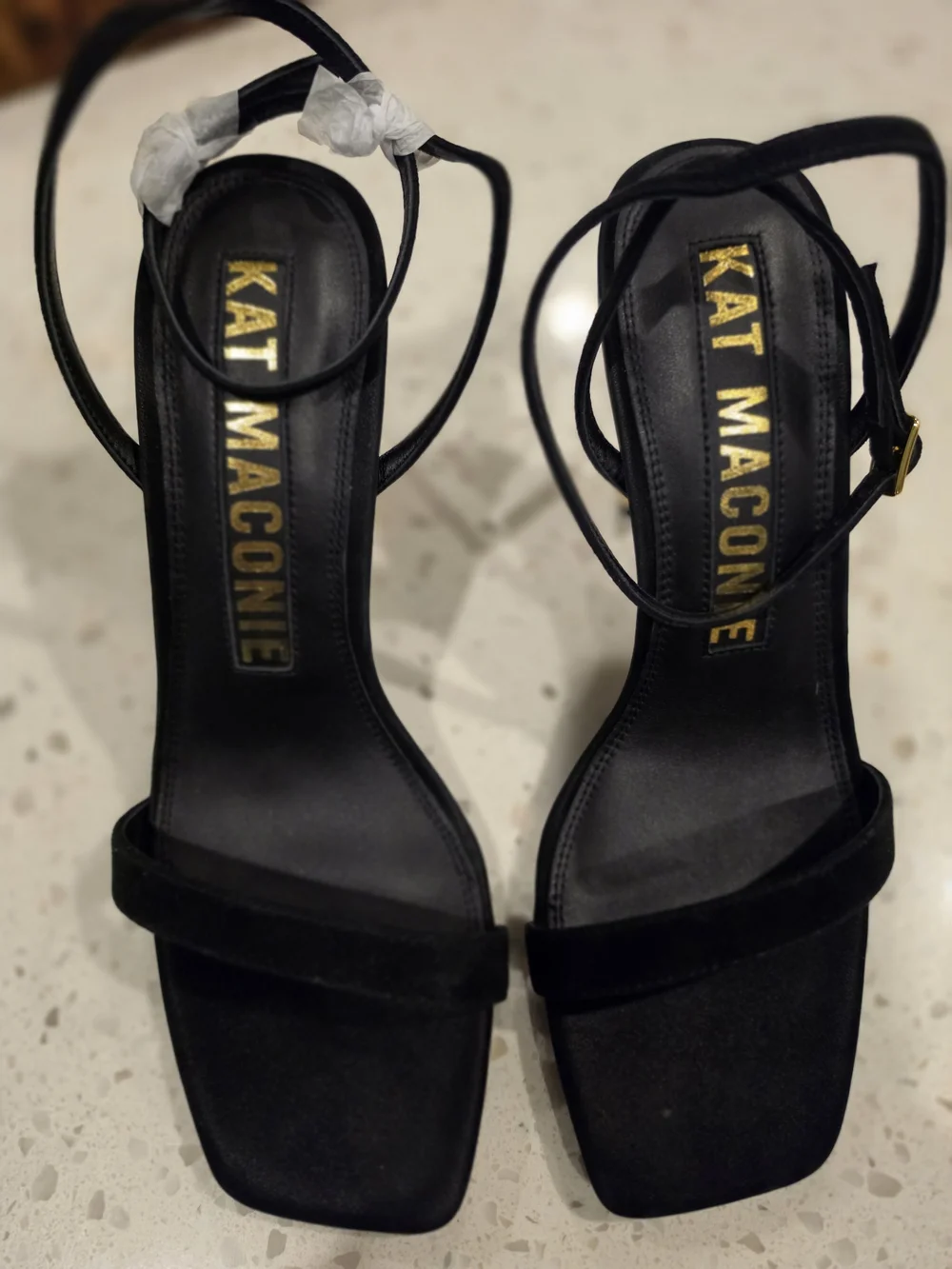 Kat Maconie Black Suede Sandals with Gold Sculpted Heel